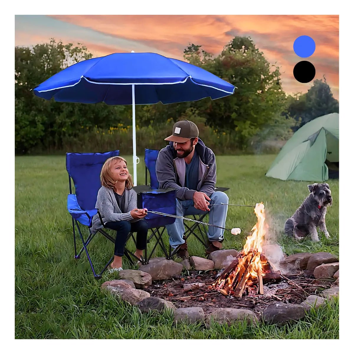 Silla Doble Plegable con Sombrilla y Bolso Azul
