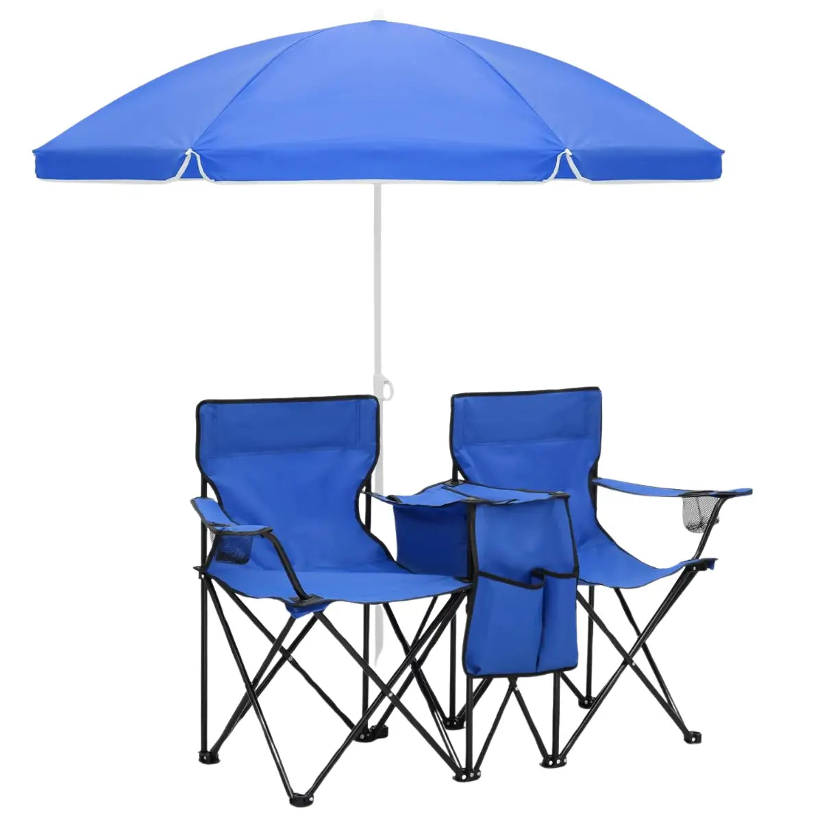 Silla Doble Plegable con Sombrilla y Bolso Azul