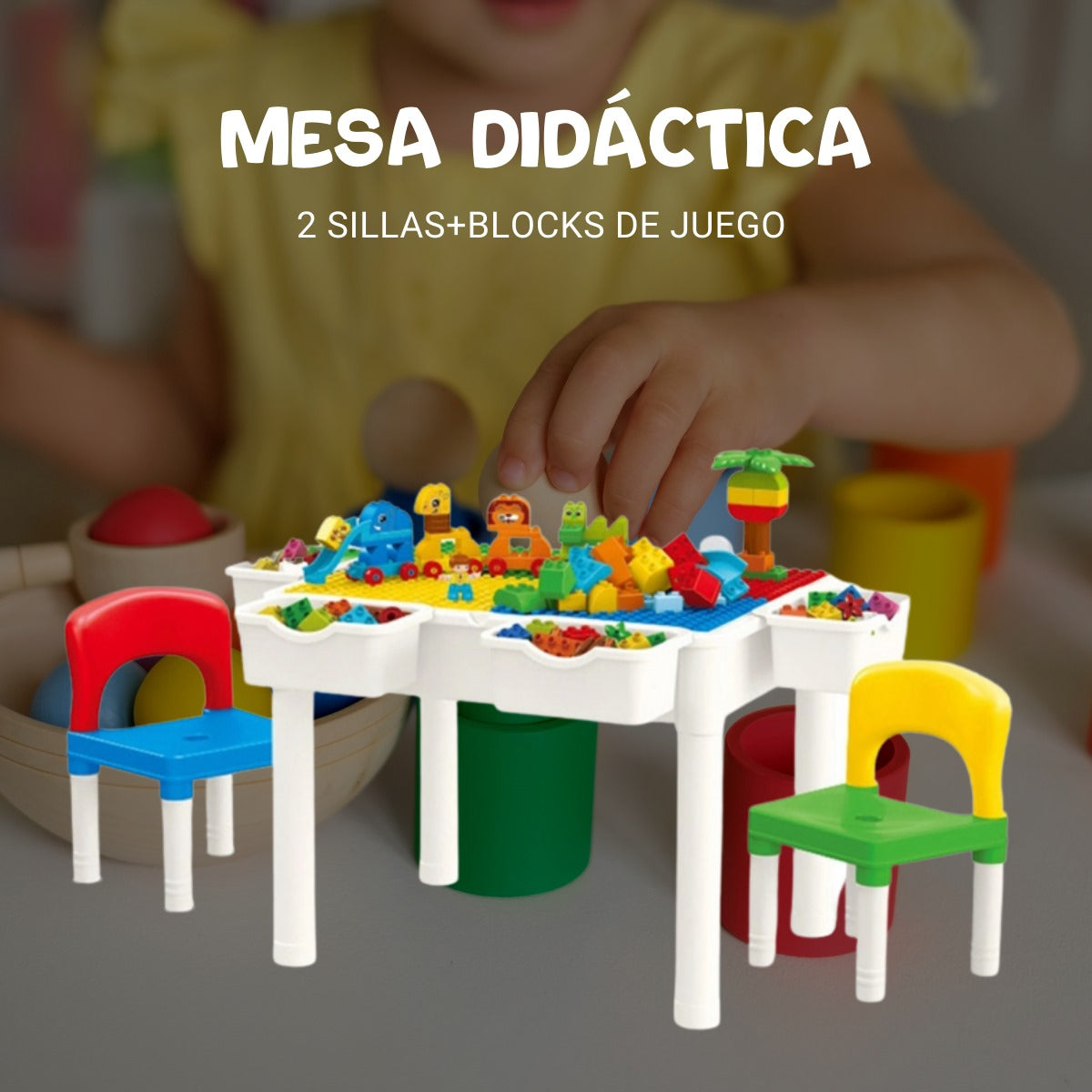 Mesa didáctica con bloques y 2 sillas